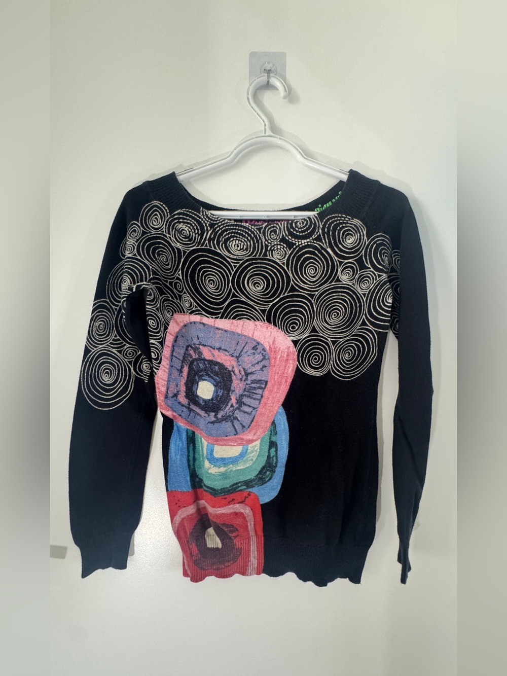 Desigual Black Sweater with Multicolor Abstract Squares and Spirals Size S